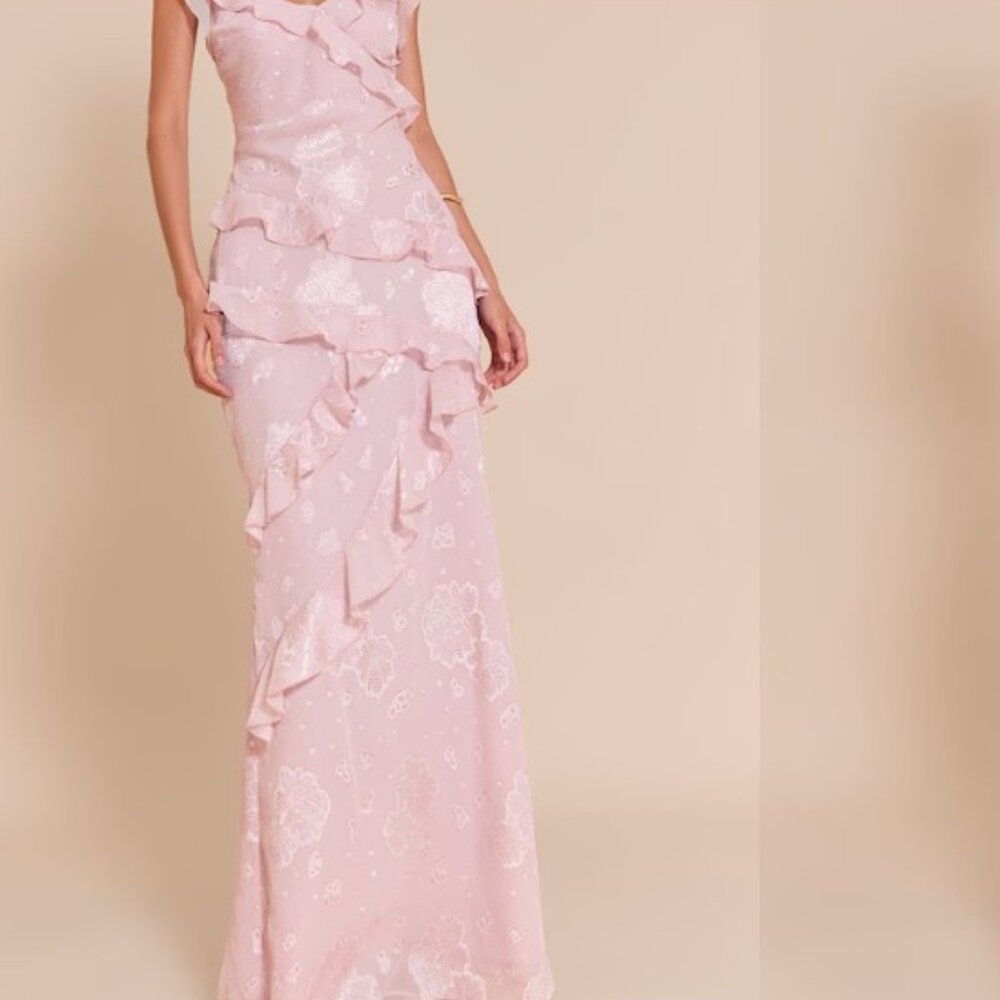 Light Pink Floral Embroidered Frill Maxi Dress